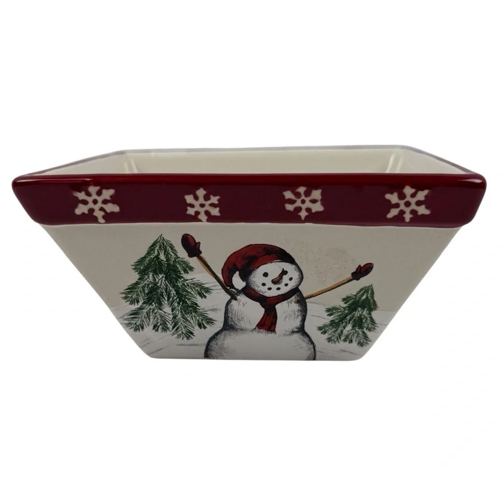 ST NICHOLAS Square “Yuletide” Snowman Square Ceramic Dish Red/Cream/Green EUC
